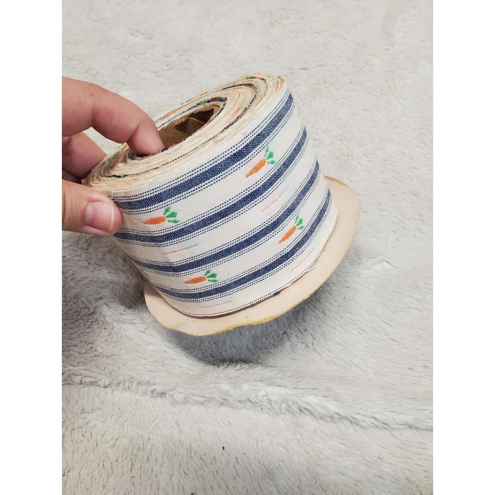 Vintage Country Blue White Ticking Striped Carrots Woven Fabric Ribbon 11.5 Yard